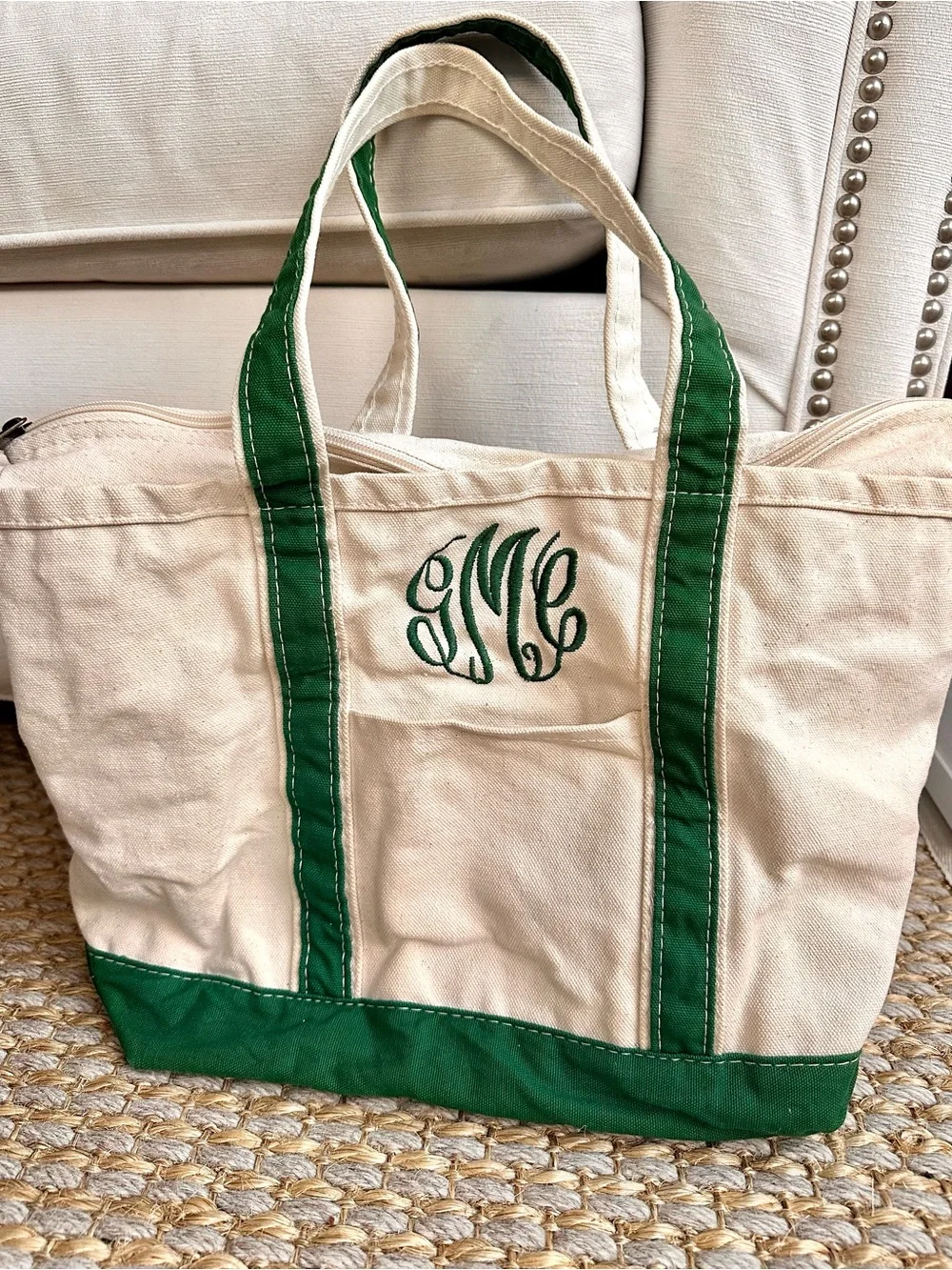 CB Station Monogram Canvas Tote Bag Green Natural Zip Top Preppy Boat Tote